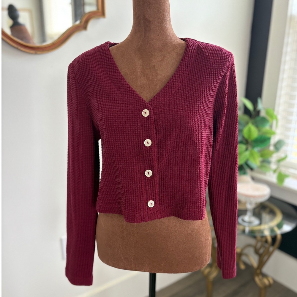 Waffle Knit‎ Cropped Cardigan Burgundy 90s Vintage Style Top - Size 10